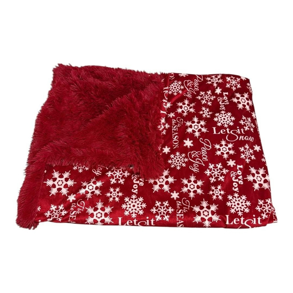 Red Reversible Holiday Throw Blanket 45x65 Snowflake Peace Love Joy Plush Cozy